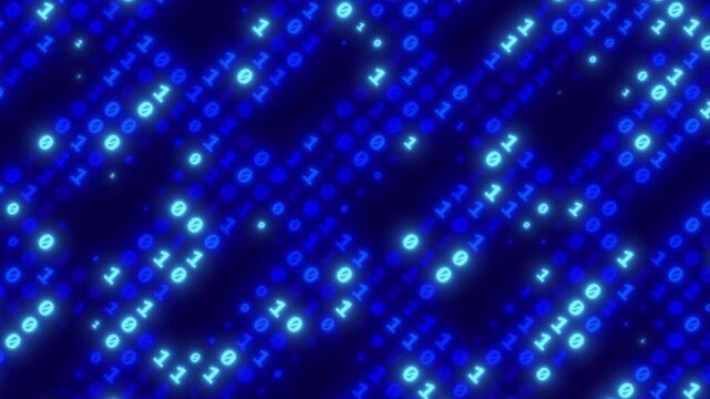 Glowing blue digital binary code zero and one matrix running diagonally data flow cyber background 4k video