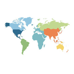 Obraz premium Colorful World Map Graphic, Continents Divided by Color, Global Regions Overview