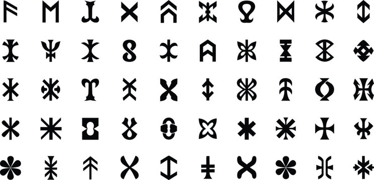 Abstract tribal rune symbols collection, geometric black glyph icons, ancient ornamental signs and logo design elements vector set.