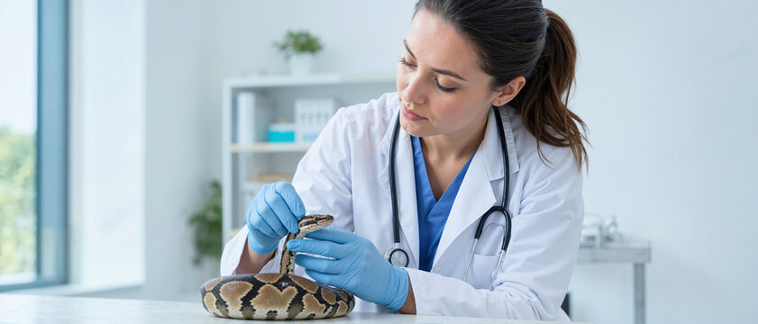 Female veterinarian examining a ball python snake in a clinic. Professional vet in a lab coat checking an exotic reptile. Veterinary medicine and animal healthcare