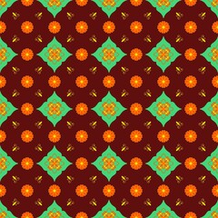 Traditional Marigold and Mint Geometric Floral Pattern on Maroon © yupa