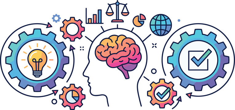 Human head with colorful brain surrounded by gears and icons symbolizing creativity, decision-making, and cognitive processes