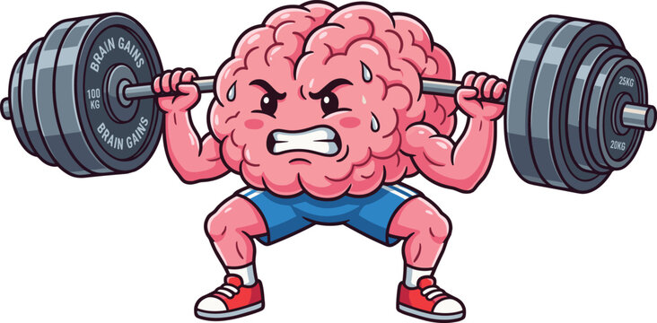 Cartoon brain lifting heavy barbell symbolizing mental strength, training, and intellectual growth with humorous concept art