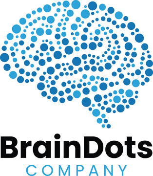 Stylized brain logo made of blue dots symbolizing ideas, connections, and data for technology or innovation branding