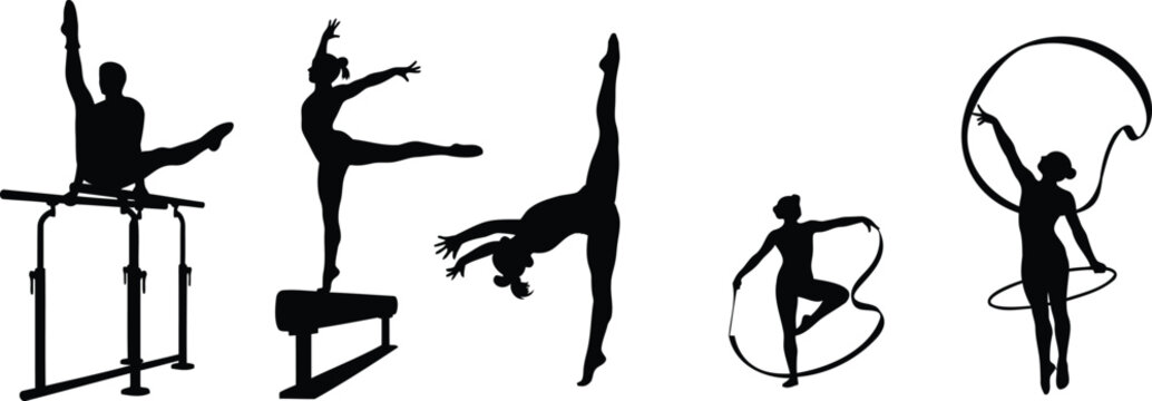 Gymnasts on parallel bars beam and with ribbon vector silhouette illustration line art.