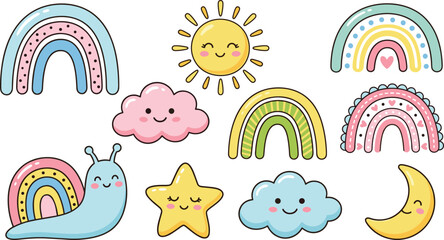 Kawaii weather elements set featuring cute rainbows sun clouds star moon and snail for kids decor © Ruma