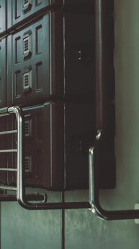 Several dark lockers are lined up against a wall in a hallway. They have small vents and are placed in rows. A metal handle can be seen on the side. This is a student area.