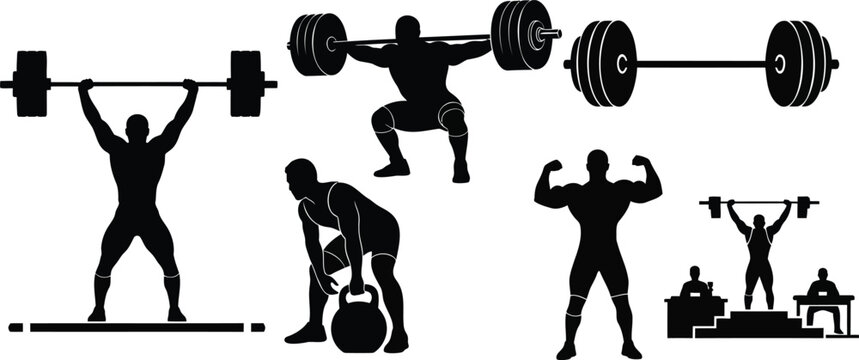 Weightlifters performing various lifts and poses, weightlifting barbell, vector illustration.