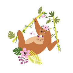Fototapeta premium Illustration of a mother sloth and her baby on white background