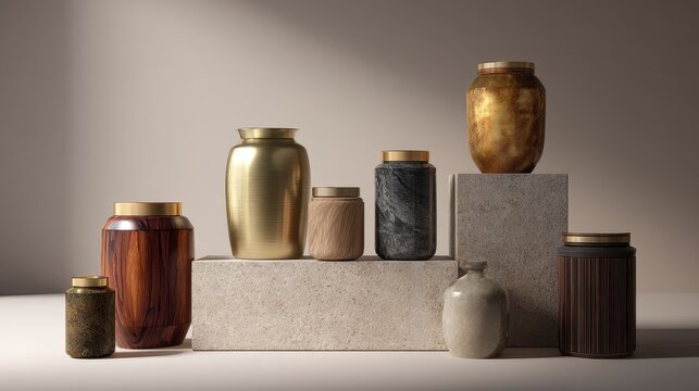 Close-up view of elegant cremation urns with brass, wood grain, and ceramic glaze on a gray stone surface