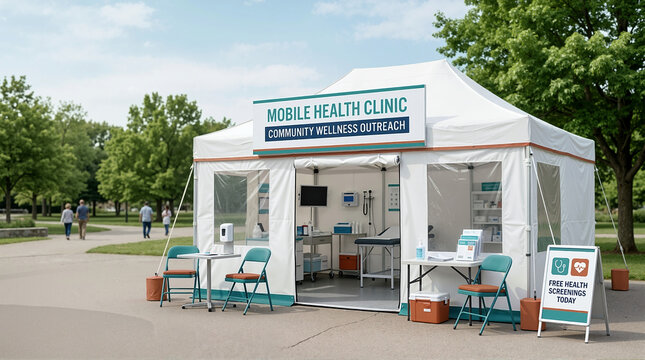 Mobile health clinic tent for community wellness outreach in a park. Outdoor medical screening station with free health services. Healthcare access concept