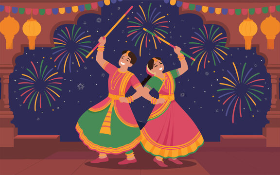 An Indian couple dancing dandiya raas with sticks, fireworks, lanterns, and a colorful festive background