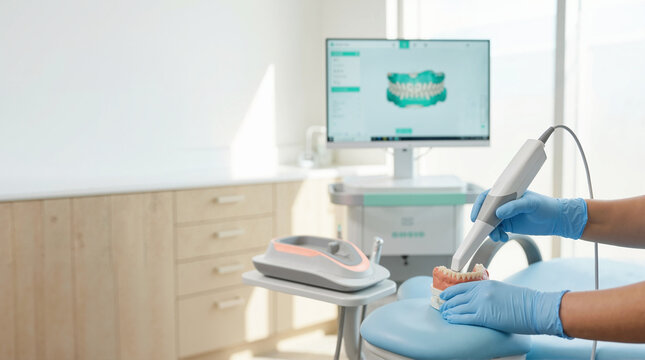 Handheld intraoral 3D scanner used on a dental model. Modern digital dentistry technology with computer rendering in a clinic. Advanced oral healthcare concept