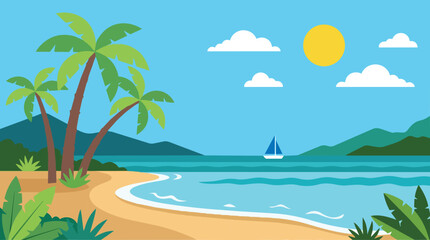 Obraz premium A serene tropical beach scene with palm trees, a sailboat on the ocean, and a sunny sky.