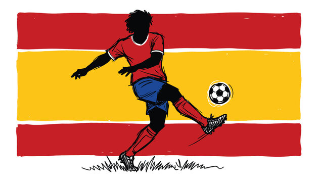 Professional soccer player silhouette kicking a ball against the Spanish national flag colors