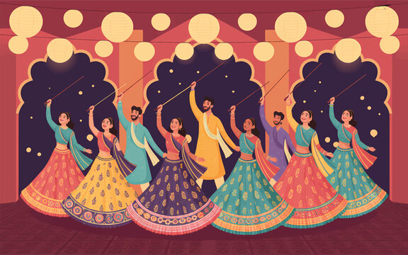 Group of people in traditional indian clothing dancing dandiya raas with sticks under paper lanterns