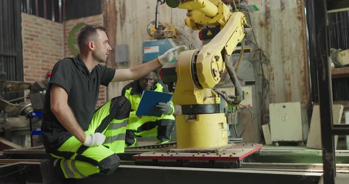 Supervisor Evaluates Technician Performance During Robotic Arm Maintenance
