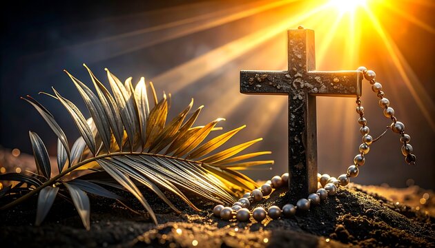 Christian cross with rosary beads and golden palm frond bathed in warm sunlight, symbolic of faith and resurrection, hope and new beginnings