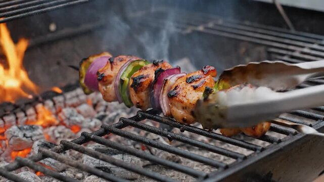 Delicious chicken and vegetable skewers grilling over hot coals on an outdoor barbecue, emitting savory smoke, perfect for a summer gathering.