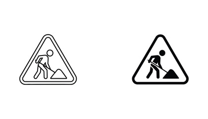 Construction road work icon set featuring worker with shovel in warning triangle in clean line art and solid black silhouette styles for traffic safety © Nexus