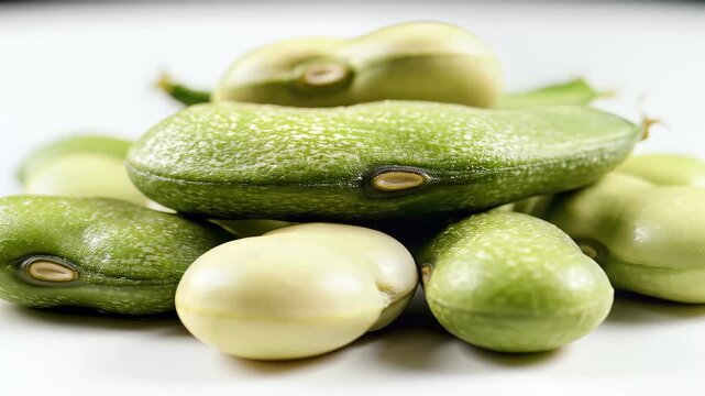 Fresh Green Broad Beans Pile Close Up Macro Shot Healthy Food.