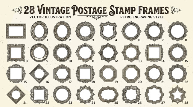 Vintage Postage Stamp Frames: A collection of 28 meticulously crafted vintage postage stamp frames, each radiating a unique charm. These frames are designed in a retro engraving style.