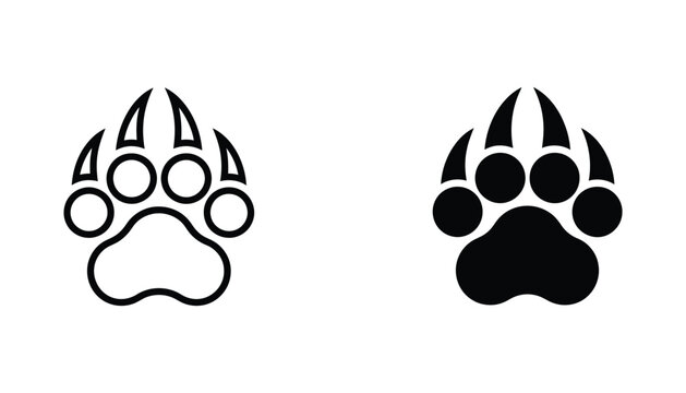 Bear claw footprint icon set in outline and solid black vector style for wildlife conservation branding and outdoor adventure graphic design projects