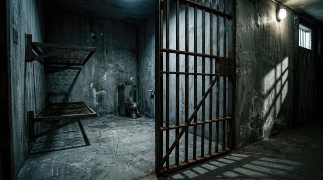 Dark empty prison cell with iron bars and shadowy floor dark interior concrete floor