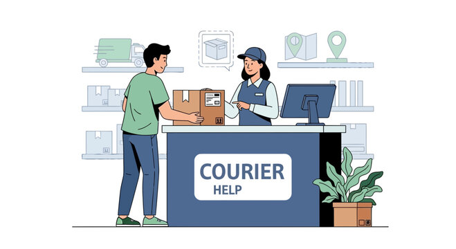 Courier service customer receiving package at counter with employee assistance