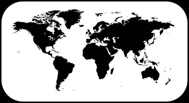 Black silhouette of world map continents.