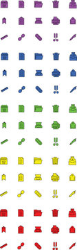 A comprehensive set of professional office and stationery icons presented in five vibrant color themes: purple, blue, green, yellow, and red. Each set contains 15 detailed symbols covering administrat