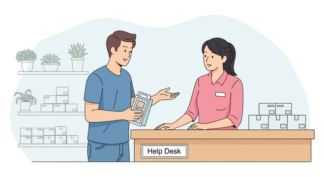 Customer asking for help at a help desk in a store or warehouse