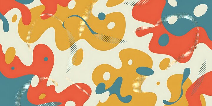 Abstract background with fluid organic shapes and halftone dot patterns in muted red yellow and teal