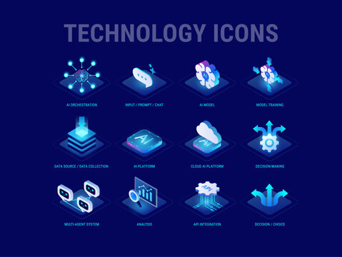 Technology icons set for workflow diagram - AI orchestration, agent system, decision making, data input, prompt, chat, AI model training, cloud platform, analysis- high quality isometric vector