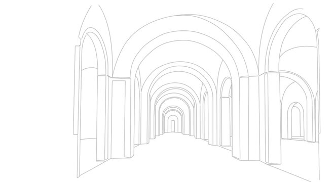 Architectural sketch of a grand vaulted corridor with repeating arches and columns, drawing
