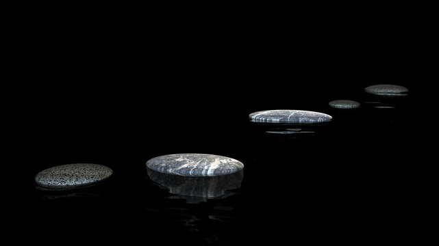 digital zen stones - stepstones in the dark with a center spotlight and soft reflections in the water