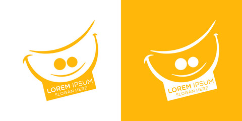 banana logo design with smileing face and  text, Eye-catching logo designs with placeholder text on contrasting backgrounds for branding inspiration © PaulStd