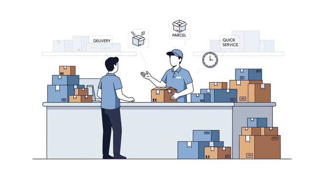Delivery service counter with courier and customer, shipping boxes and packages