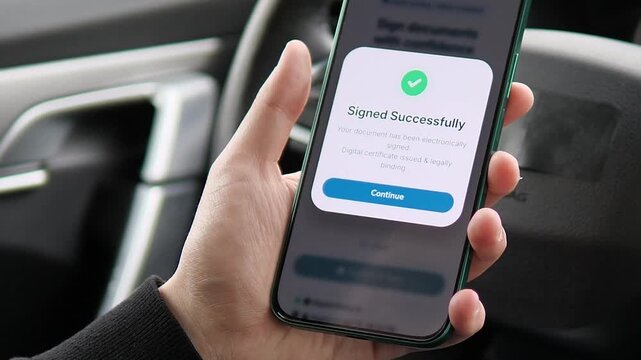 Efficiency in motion. Modern professional signs a legal document electronically on a smartphone while in a car. Features Signed Successfully UI with digital certificate confirmation. Perfect for
