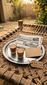 Father's day 2026 abbu aur chai Urdu English tag golden hour village charpai two cutting chai newspaper spectacles Kraft card mockup for Instagram