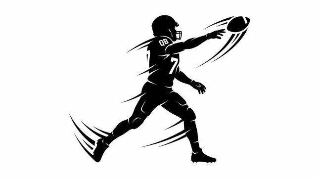 dynamic vector silhouette of an American football player, number 7, throwing a ball in motion, conveying energy and action.