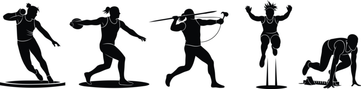 Athletics silhouettes vector shot put discus javelin long jump.