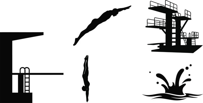 Diving board and diver silhouette illustration vector.