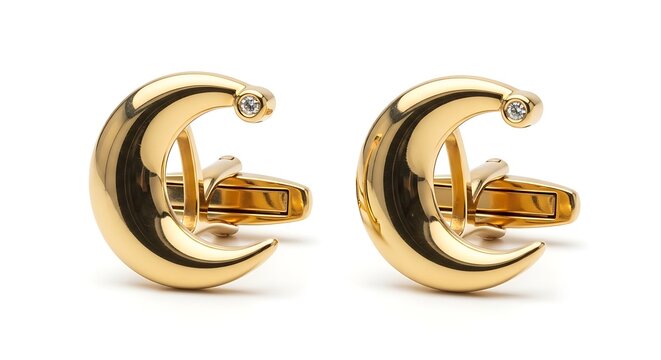 Pair of gold cufflinks featuring a monogram design with a reflective surface against white background.