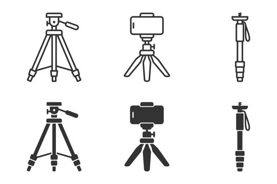 Various camera tripods and monopods in minimalist black and white designs.