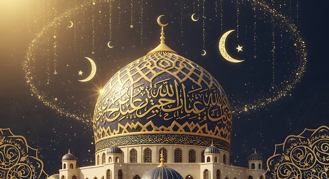 Illuminated mosque dome with crescent moons and Arabic calligraphy under starry night sky.