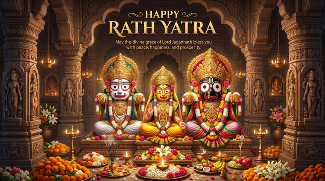 Lord Jagannath Balabhadra and Subhadra idols in ancient stone temple with oil lamps and flower offerings for holy Rath Yatra festival poster
