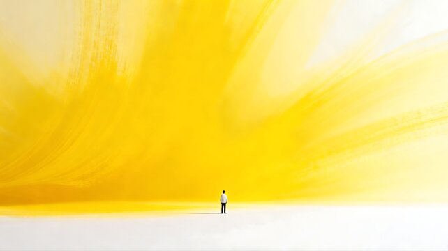 Lonely Figure Standing Before Vast Warm Yellow Abstract Background