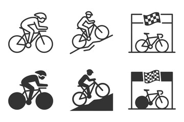 Obraz premium Cycling icons: biking, racing, and mountain climbing symbols.