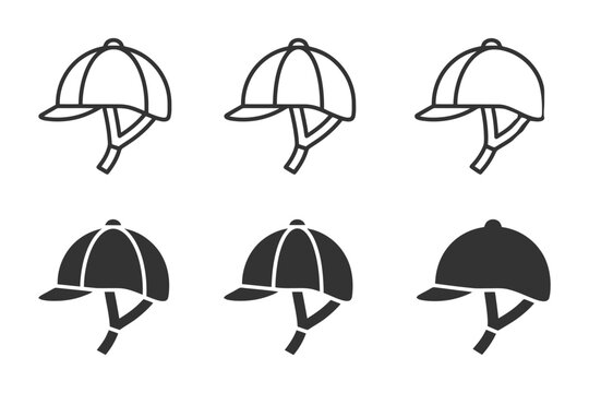 Set of equestrian helmet icons in various styles and designs.